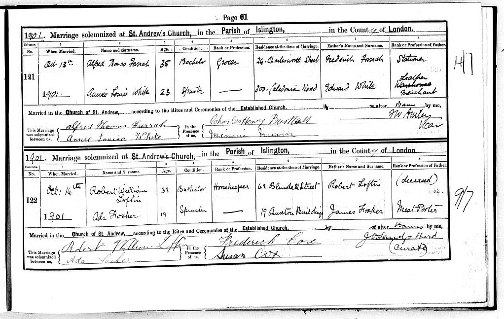 1901 marriage of Ada Fosker to Robert William Loftin